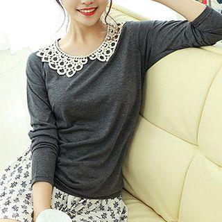 Crocheted Collar Long-sleeve Top
