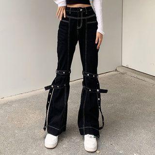 Contrast Stitch Boot Cut Jeans With Tonal Leg Straps