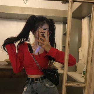 Square-neck Long-sleeve T-shirt Red - One Size