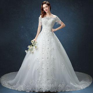Bow Accent Off Shoulder Short Sleeve Wedding Ball Gown With Train
