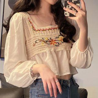 Long-sleeve Floral Embroidered Knit Panel Cropped Blouse Almond - One Size