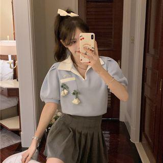 Puff-sleeve Floral Polo Shirt