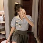Puff-sleeve Floral Polo Shirt