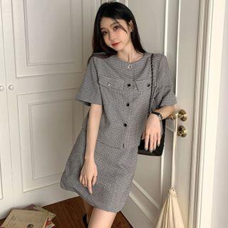 Short-sleeve Plaid Jacket / Mini A-line Skirt