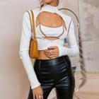 Set: Long-sleeve Mock-neck Cut-out Crop Top + Camisole Top
