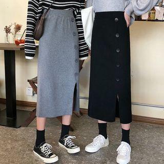 Button Detail Midi Straight-fit Knit Skirt