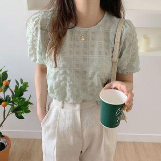 Round Neck Puff Short Sleeve Gingham Shirt