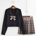 Long-sleeve Sailor Collar Top / Mini Plaid Pleated Skirt / Cardigan / Set