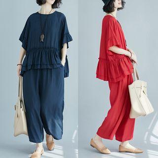 Set: Crew-neck Elbow-sleeve Top + Cropped Wide-leg Pants