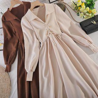 Long-sleeve Drawstring Collared Midi A-line Dress