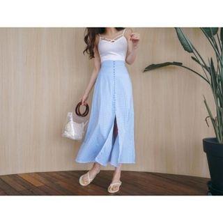 Button-trim Gingham Long Skirt