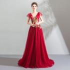 Cap-sleeve Floral Embroidered A-line Evening Gown