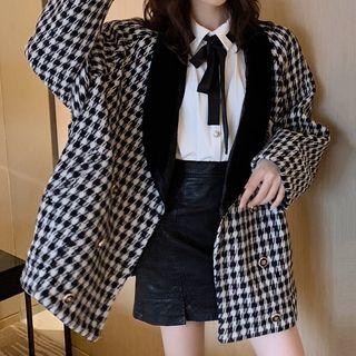 Houndstooth Double-breasted Coat / Bow Accent Shirt
