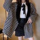 Houndstooth Double-breasted Coat / Bow Accent Shirt