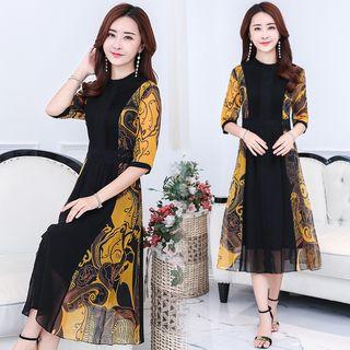 Print Panel Elbow-sleeve A-line Dress