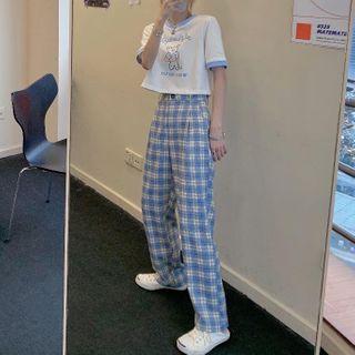 Bear Print Short-sleeve T-shirt / Plaid Wide-leg Pants
