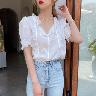 Lace-trim V-neck Blouse White - One Size
