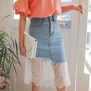 Lace-hem Denim Skirt