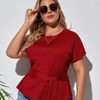 Plus-size Short-sleeve Tie-waist Blouse