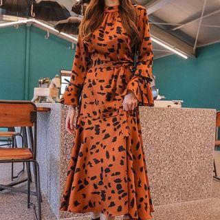 Mock-neck Leopard Long Dress