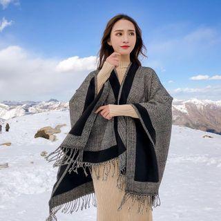 Patterned Fringed Trim Shawl Wf186 - Black & White - One Size