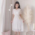 Short-sleeve Lace A-line Dress White - One Size