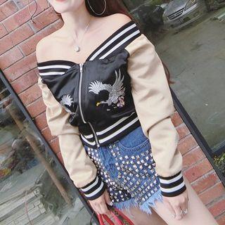 Embroidered Off-shoulder Zip Jacket