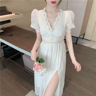 Puff-sleeve Ruffled A-line Lace Dress