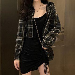 Plaid Crop Shirt / Spaghetti Strap Drawstring Mini Bodycon Dress