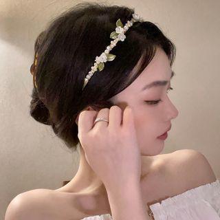 Flower Faux Pearl Alloy Headband Gold & White - One Size
