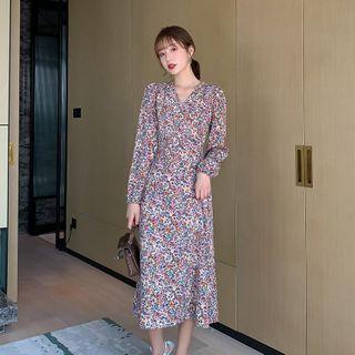 V Collar Chiffon Floral Long-sleeved Dress