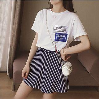 Set : Short-sleeve T-shirt + Pinstripe Mini Skirt