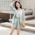 Set: Spaghetti Strap Top + Wide-leg Shorts + 3/4-sleeve Blazer