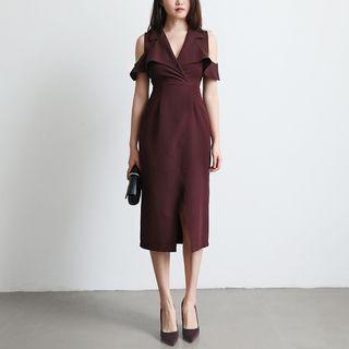 Slit-front Cold Shoulder V-neck Dress