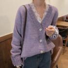 V-neck Knit Sweater Cardigan / Lace Flower Trim Underlay Top
