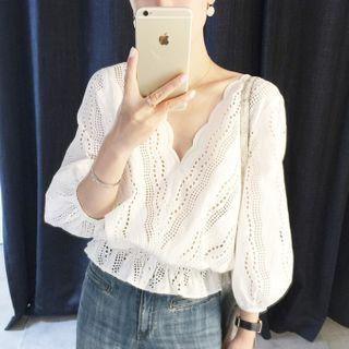 Puff-sleeve Eyelet Lace V-neck Blouse