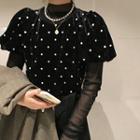 Dotted Puff-sleeve Blouse / Long-sleeve Mesh Top