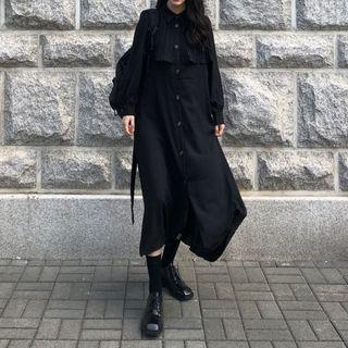Long-sleeve Button-up Midi Dress Black - One Size