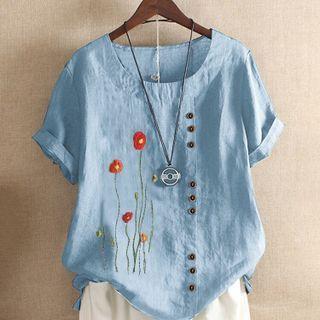 Short-sleeve Loose-fit Embroidered Flower Print Linen Top