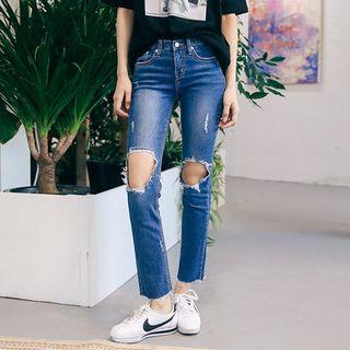 Cut-out Knee Straight-cut Jeans