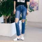 Cut-out Knee Straight-cut Jeans