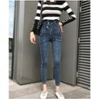Color Block Long-sleeve Knit Top / High Waist Cropped Skinny Jeans