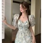 Puff-sleeve Deep V-neck Floral Midi Dress