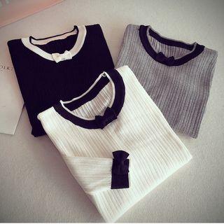 Bow Accent Contrast Trim Long Sleeve Knit Top