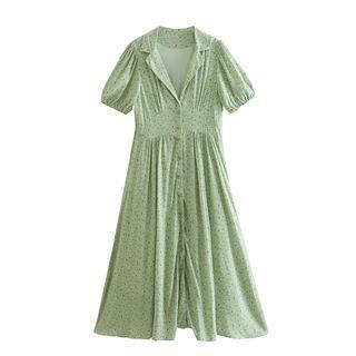 Puff-sleeve Floral Midi Shirt Dress