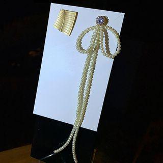 Faux Pearl Rhinestone Bow Fringed Earring One Piece - One Size