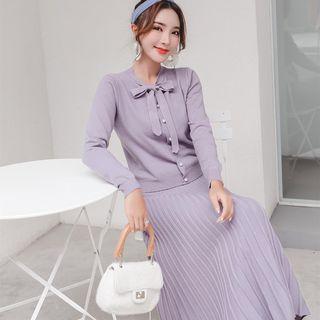 Set: Cardigan + Knit Pleated Midi Skirt