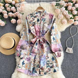 Floral Print Tie-waist Mini A-line Shirtdress