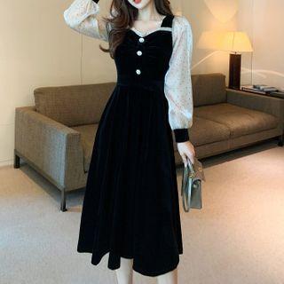 Long-sleeve Velet Panel Dotted Dress