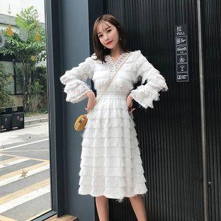 Long-sleeve Feather-accent Midi A-line Tiered Dress